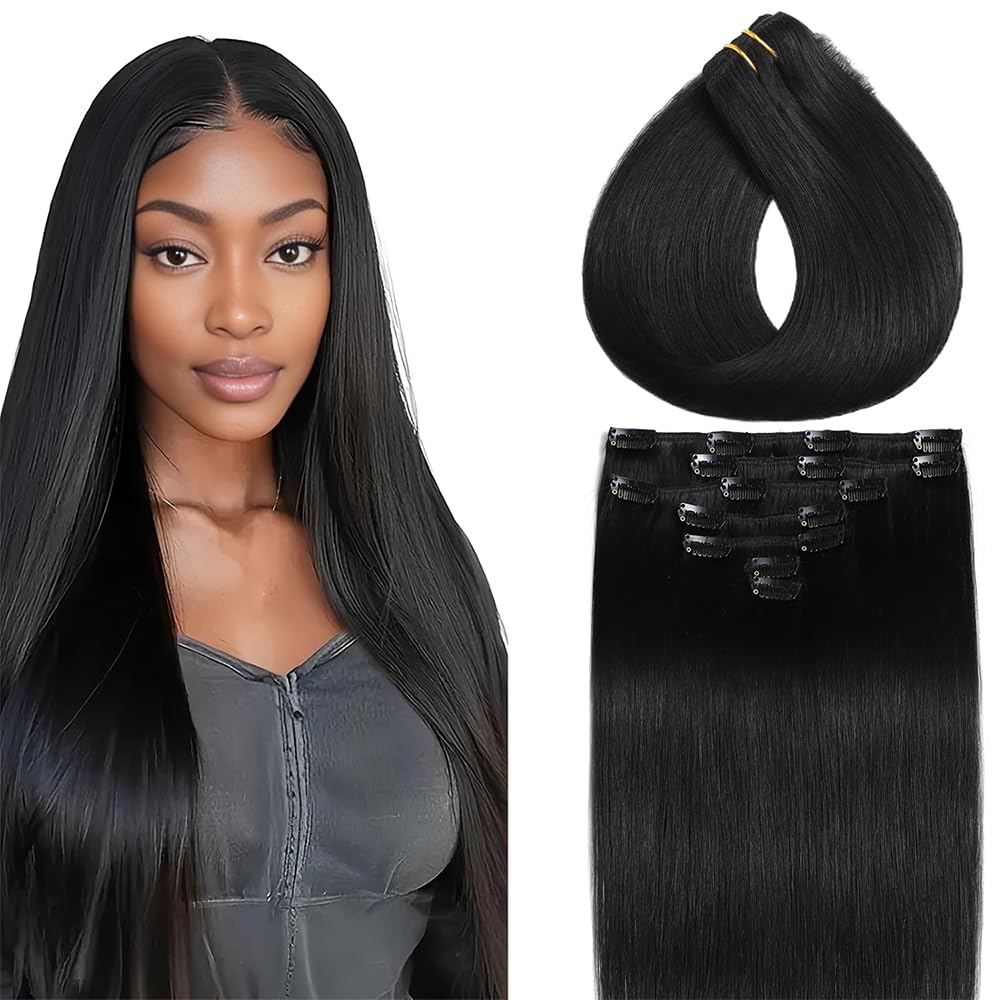 Clip in Hair Extensions Real Human Hair, 24 Inch 120g/7Pcs,Full Shine Remy Hair,1B Natural Black Clip ins Brazilian Virgin Human Hair Extensions