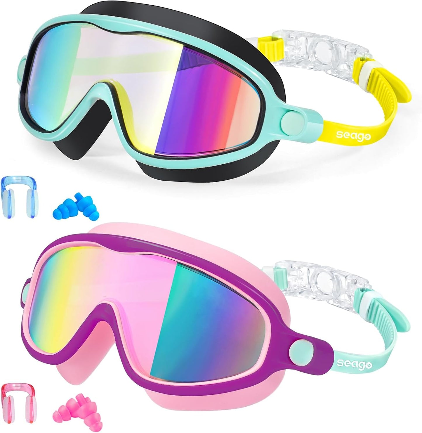Seago Swim Goggles - Anti-Fog, Anti-UV Wide View for Kids 3-14 | 2 Pack