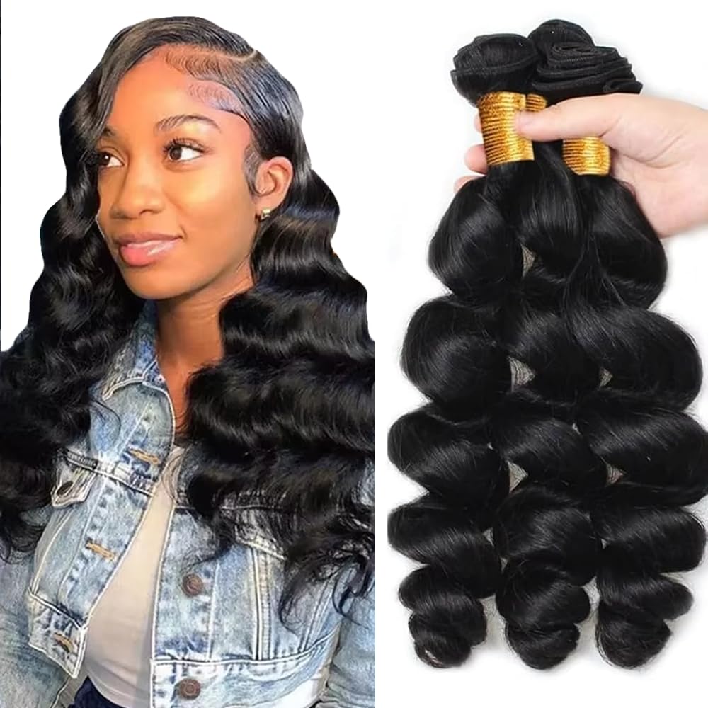 Human Hair Bundles Loose Wave Bundles 16 18 20 Inch Unprocessed Brazilian Virgin Hair #1B Natural Color Loose Deep Wave Bundles 3 Bundle 50 Gram Per Bundle Deals Quick Weave Hair Extensions