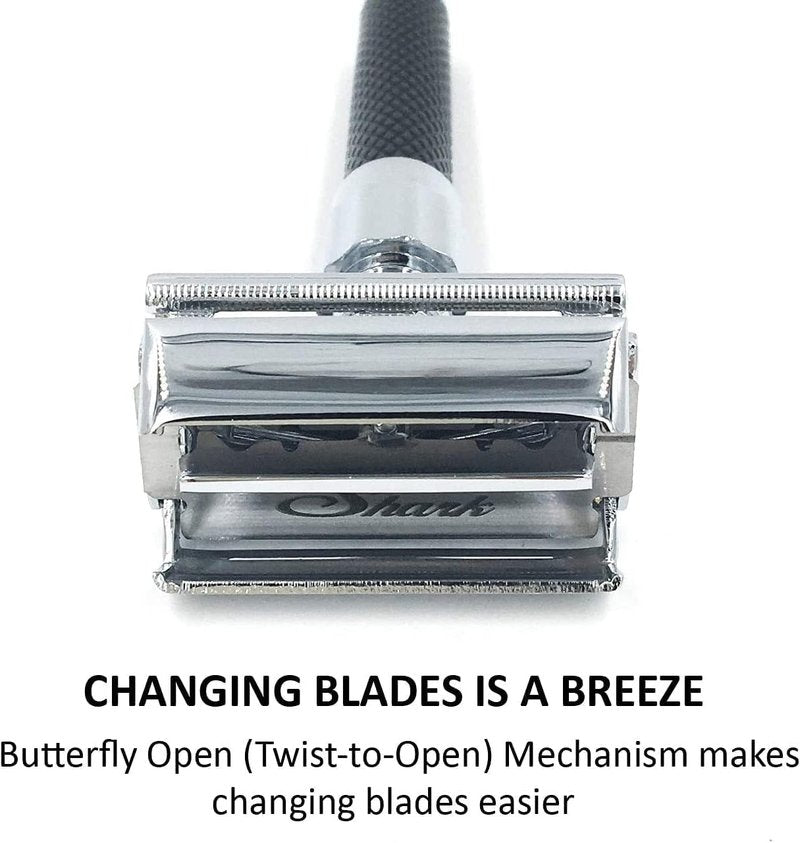 Parker 92R Graphite Gray, Long Handle Heavyweight Butterfly Open Double Edge Safety Razor for Men, 5 Parker Premium Platinum Double Edge Razor Blades Included