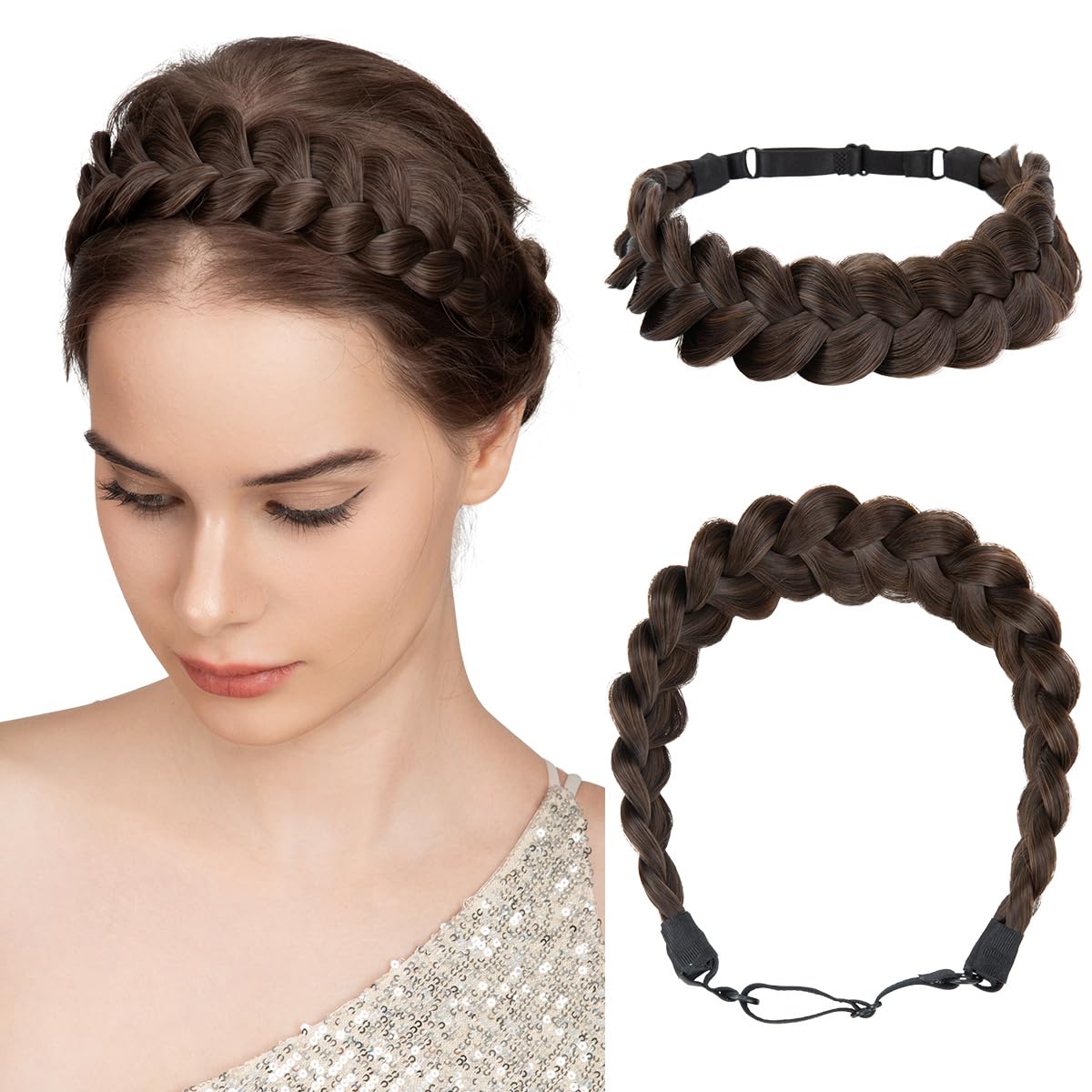 Wide Elastic Braided Headbands for Women - Adjustable Synthetic Hair Hairpiece | Silver Grey