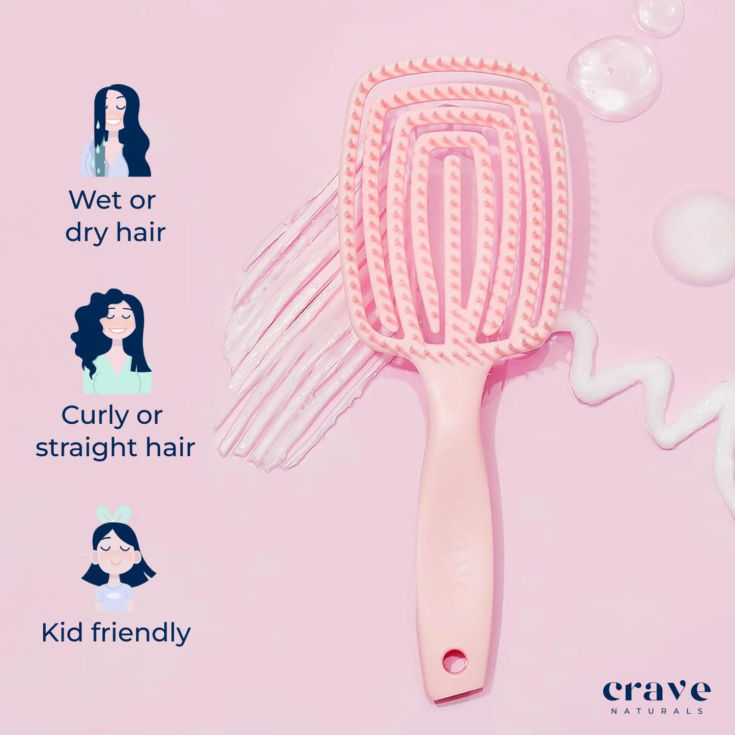 Crave Naturals Detangling Brush for Thick Hair - Flexible Paddle Brush | Comfort Grip, Pink