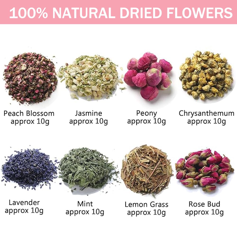 Ouliget Dried Flowers Pedicure Foot Soak Kit,8 Bags Set for Dry Tired Feet,Including Rose Buds,Lavender,Jasmine,Chrysanthemum,Lemongrass,Mint, Peony,Peach Blossom (8 Bags, Dried Flowers)