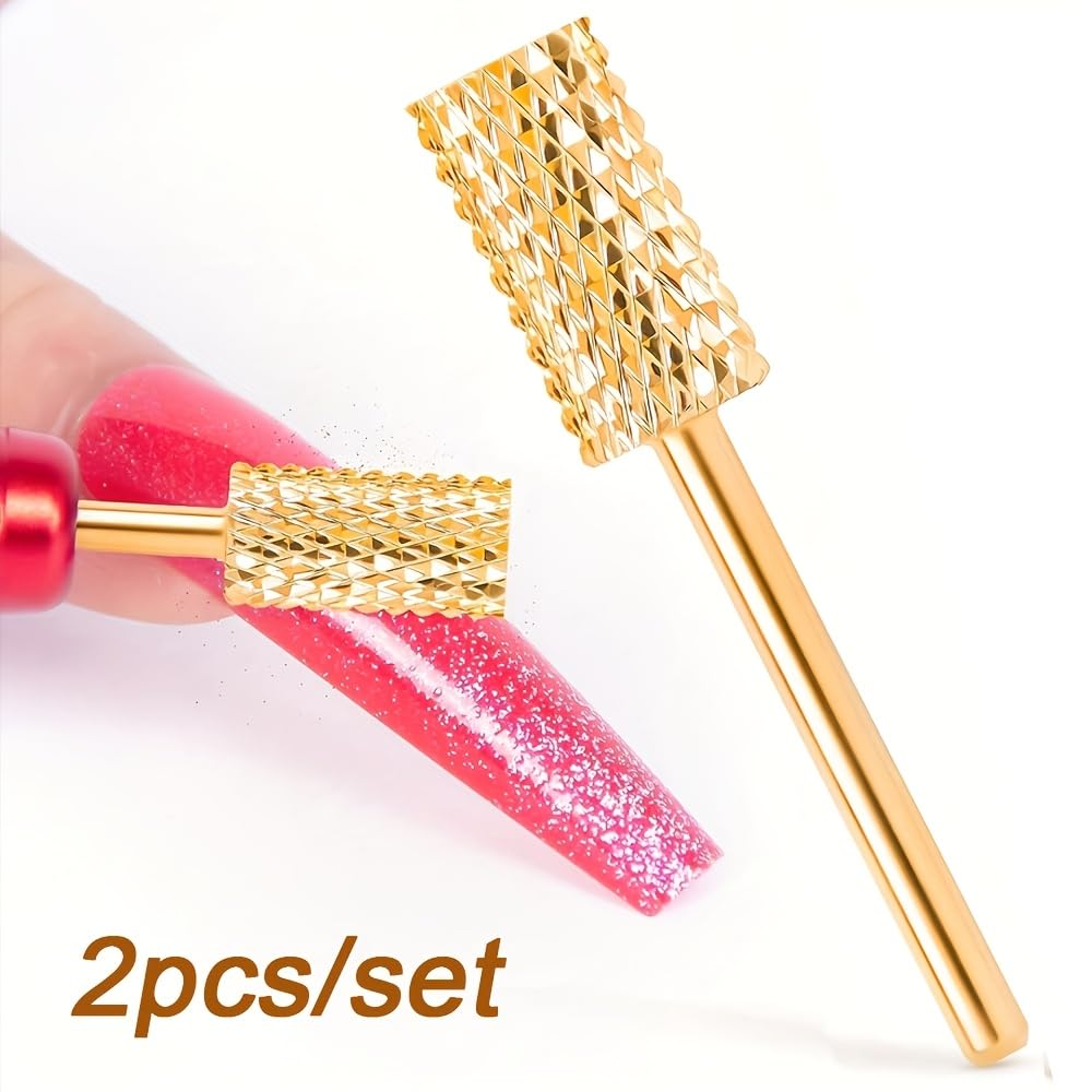 2PCS 2 Pieces Gold Plated Nail Grinding Heads with Medium Grit, Smooth Round Cylinder Shape, Tungsten Steel for Polish Removal