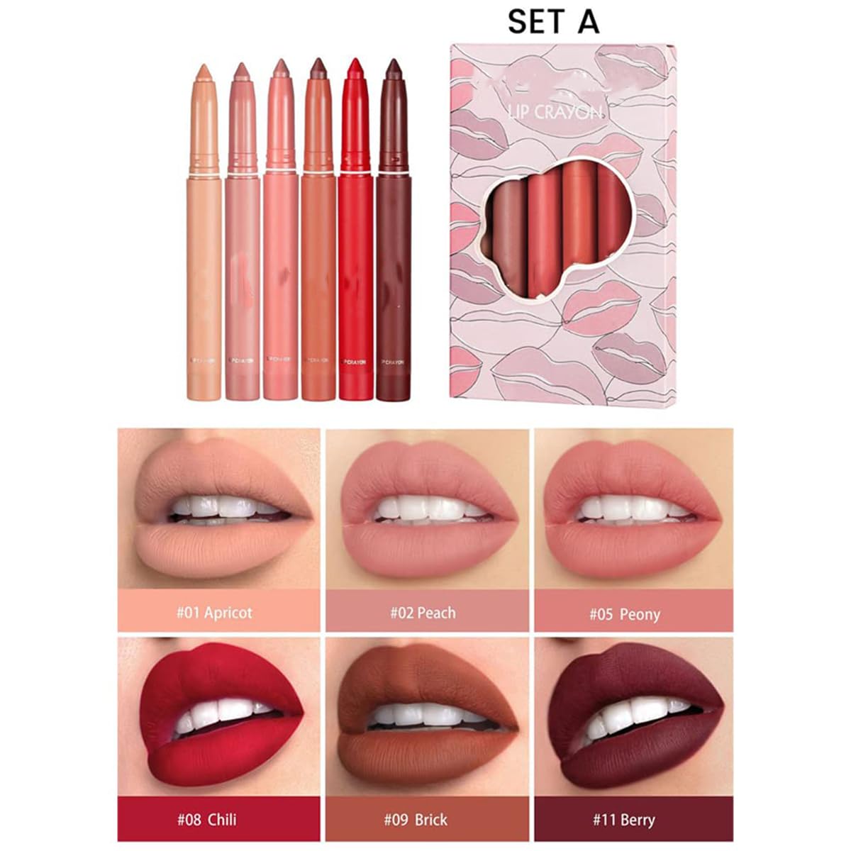 Pakivs 12 Colors Crayon Lipstick Set, Non-Fading Non-Stick Cup Matte Lipstick Pen Waterproof Long Lasting Velvet Lipstick Pencil Lip Liner (Set A + Set B)