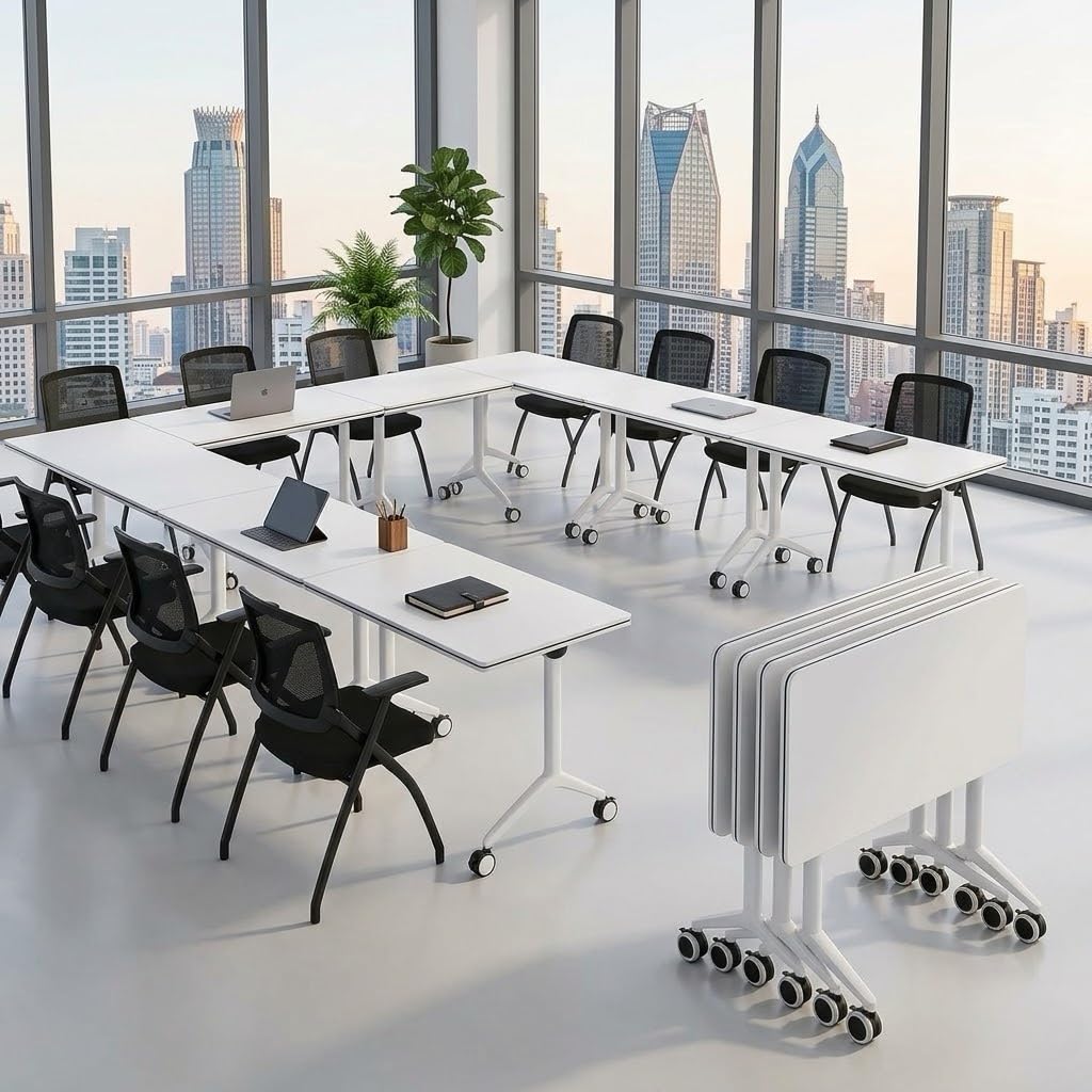 LDIW 6 Pack Folding Conference Table, Heavy-Duty Training Table with Wheels