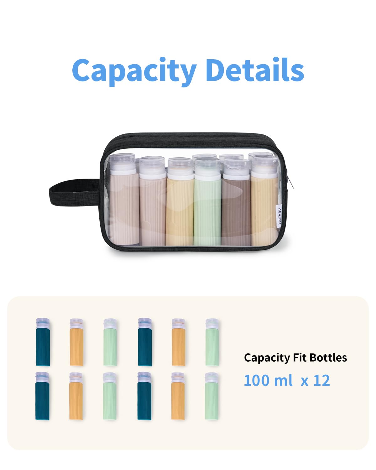 Narwey Clear Travel Toiletry Bags for Traveling Toiletries Men Women, Clear Makeup Bag Cosmetic Bag with Zipper, Make Up Pouch Organizer Bag with Handle, Skincare Beach Snack Medicine Bag, Black
