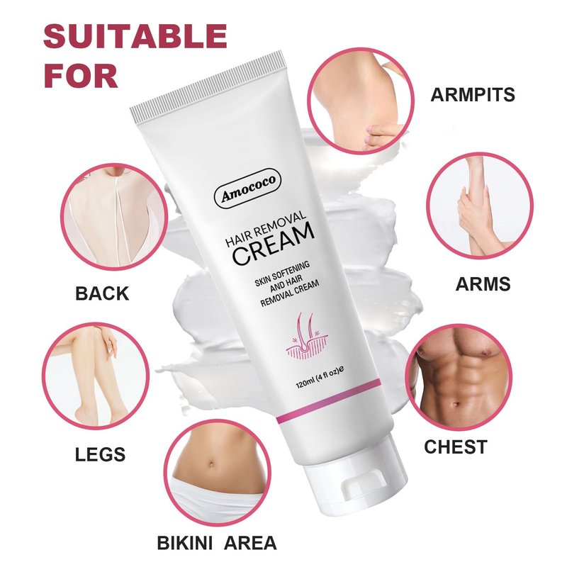 Amococo Painless Hair Removal Cream Kit, Effective Depilatory Cream for Women & Men, Formulated with Cucumber for Smooth Skin, Hair Remover with Spatula for Legs & Underarms, 4 oz
