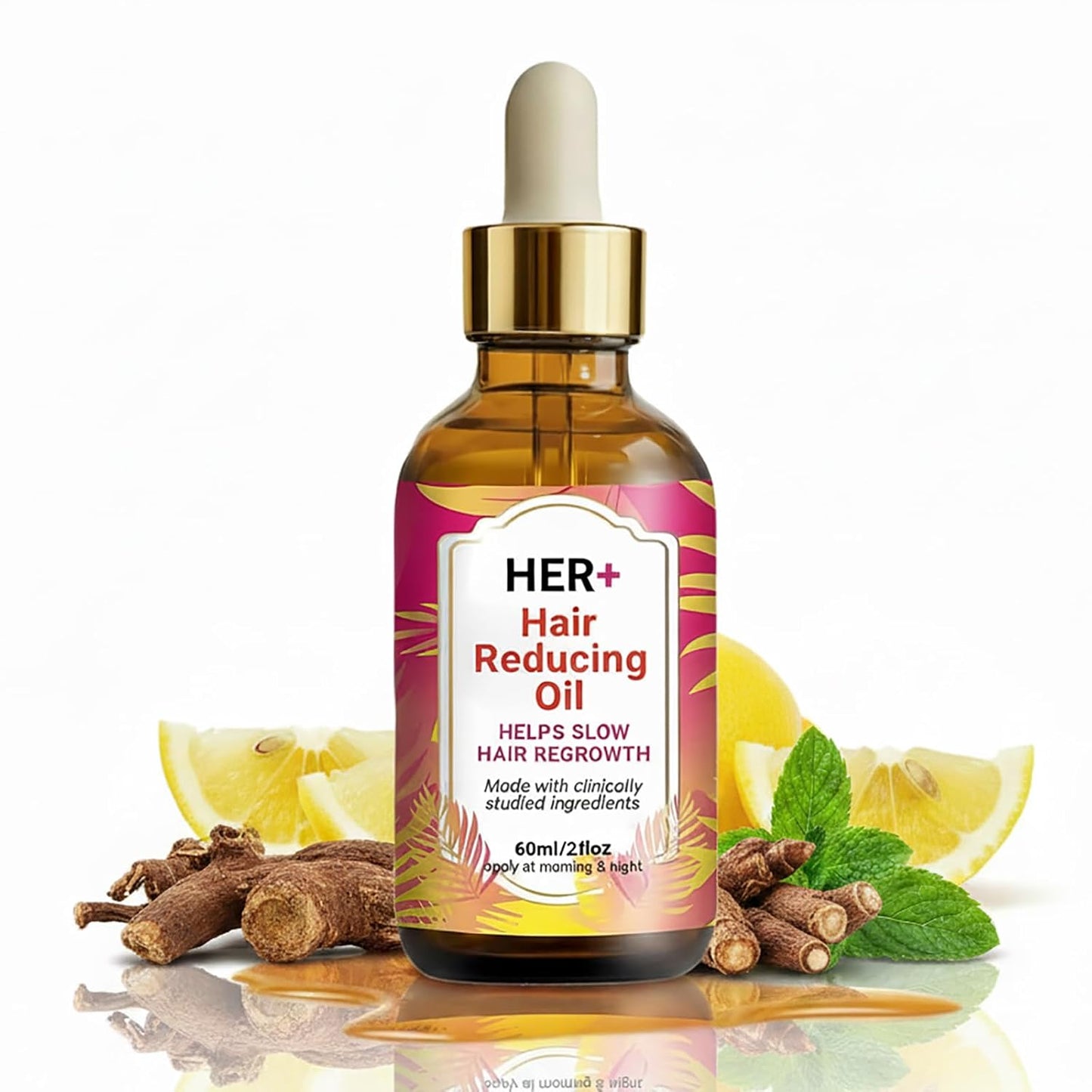 Her+ Hair Removal Oil - 60ml Organic Cyperus Rotundus Serum for Smooth Skin | Moisturizing & Soothing with Peppermint