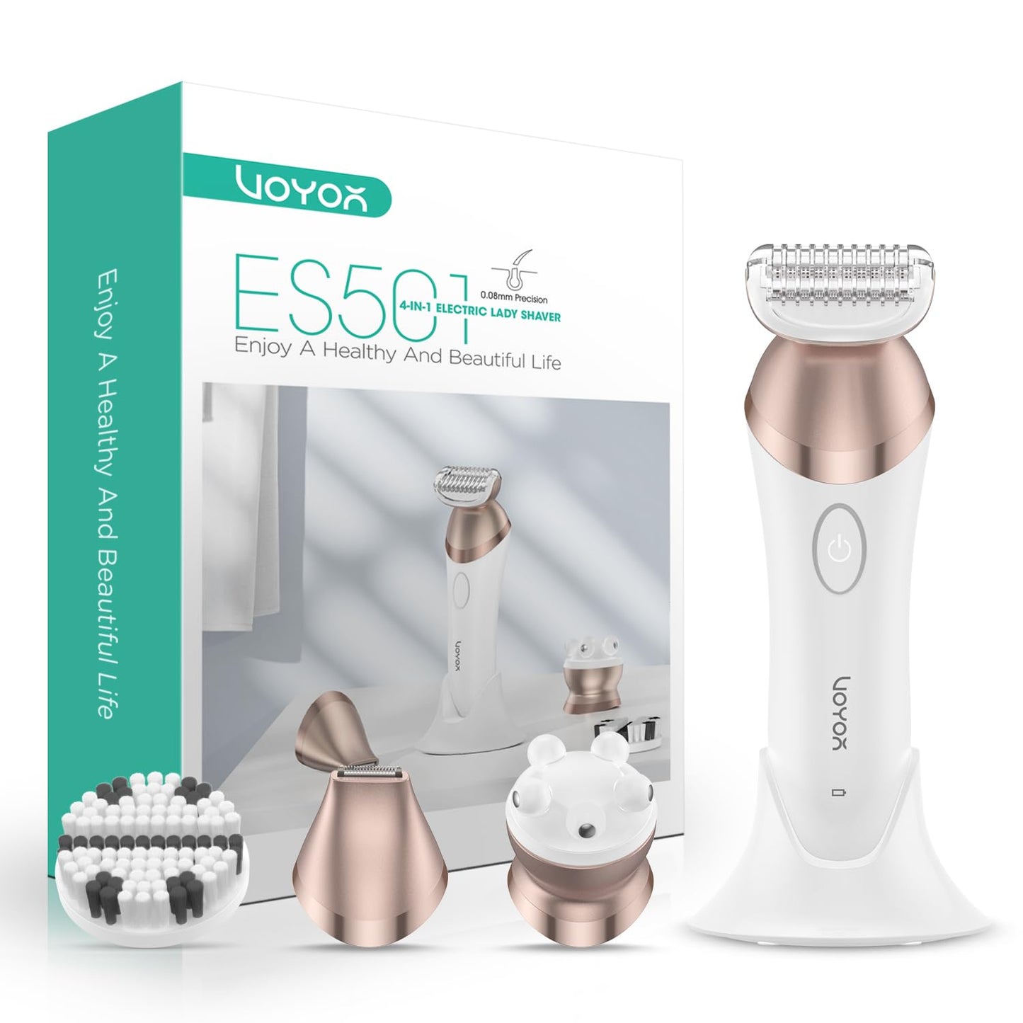 VOYOR Electric Razors for Women 4 in 1 Bikini Trimmer, Foil Shaver for Women 4 Replacement Heads for Body, Pubic Hair Trimmer, Cleansing, Massage 2 Adjustable Speeds Rechargeable Shaver ES501 (Gold)