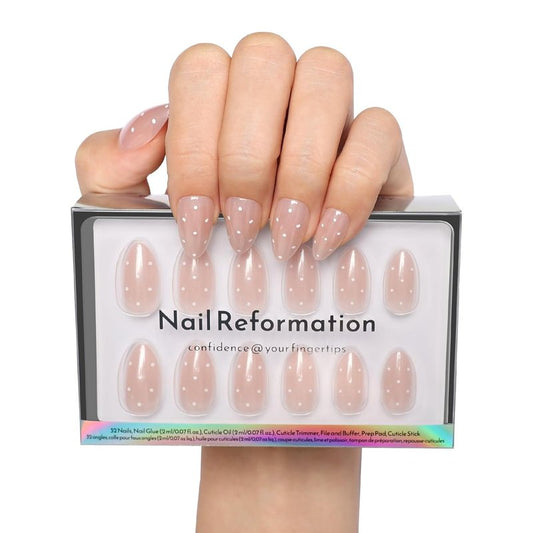 Press On Nails - Milk Dots Polka Dot Almond Nails on Pink Shimmer Base | Glossy Finish, Reusable 16 Sizes - 32 Nail Kit with Glue
