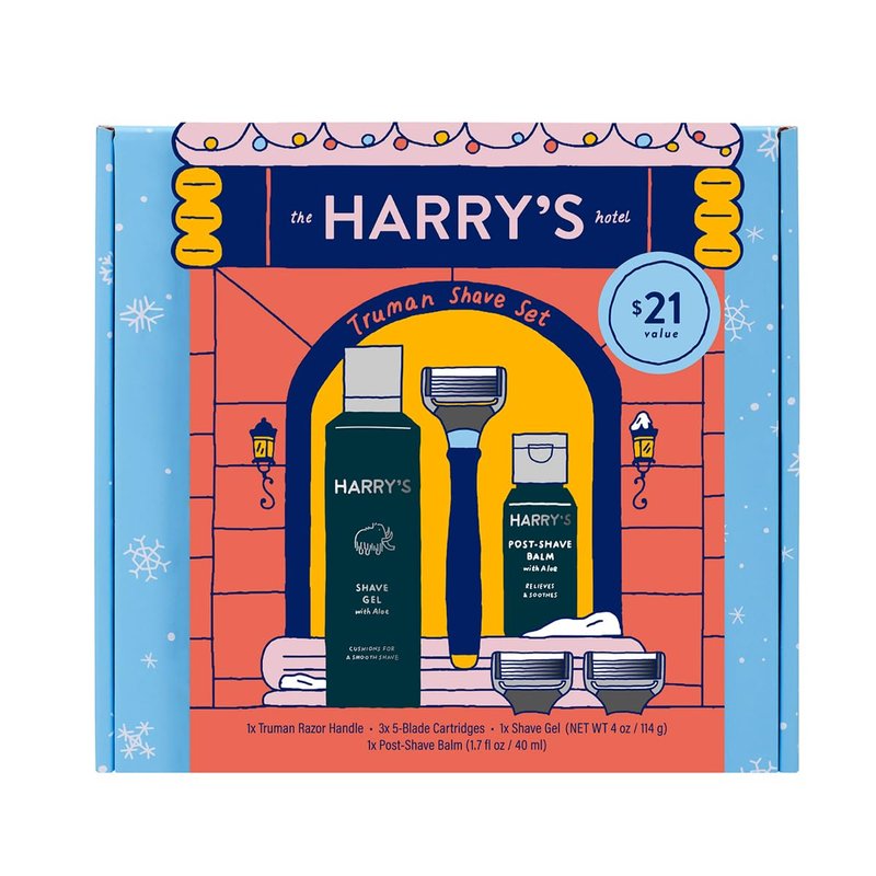 Harry's Original Holiday Shaving Gift Set for Men - Razor Handle, 3 Razor Blade Refills, Foaming Shave Gel, and Post-Shave Balm - German Engineered - Evening Blue