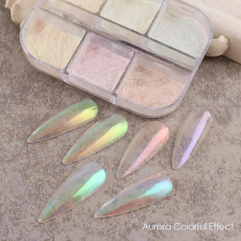 Furimuk 6-Color Mirror Nail Powder Set - Holographic Aurora Pearl Chrome for Nail Art