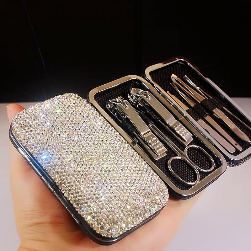 BestBling Rhinestone Manicure & Pedicure Kit - 8 Pieces Silver Travel Set