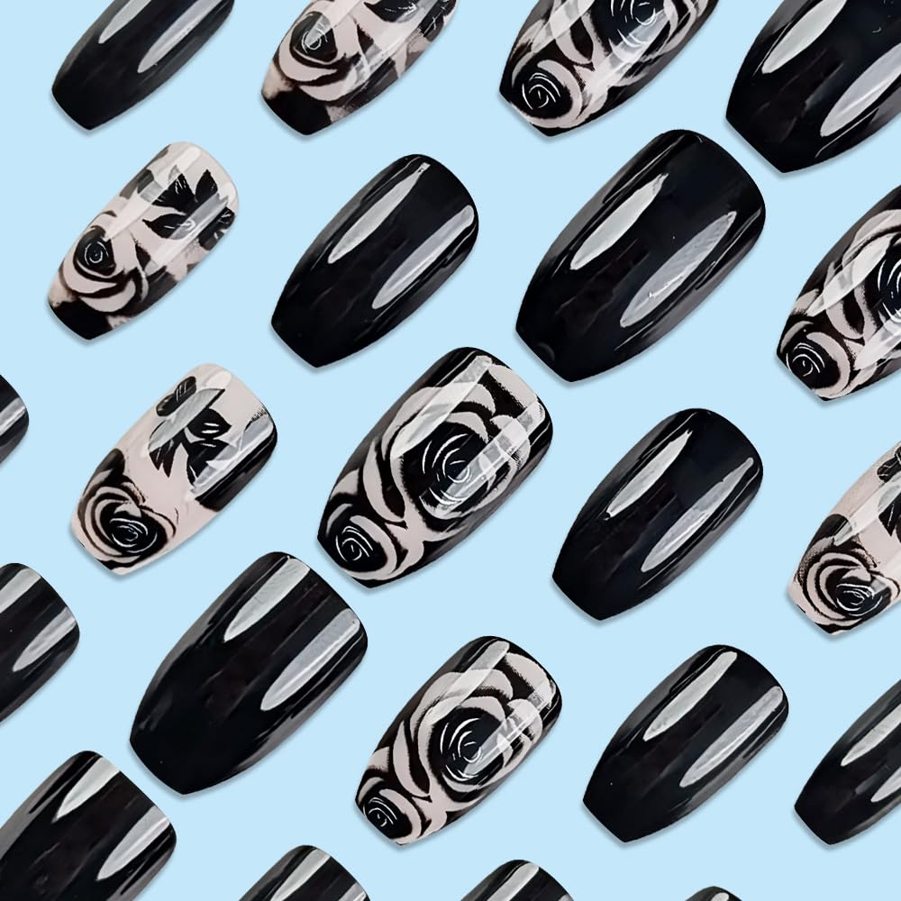 Coffin Shaped Press On Nails - Black Rose Gradient Design | Glossy Acrylic, 24 Pcs