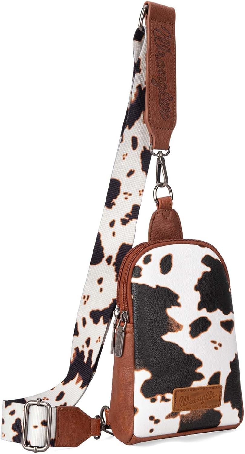 Wrangler Cow Print Crossbody Bag for Women - Western Sling Purse with Adjustable Strap