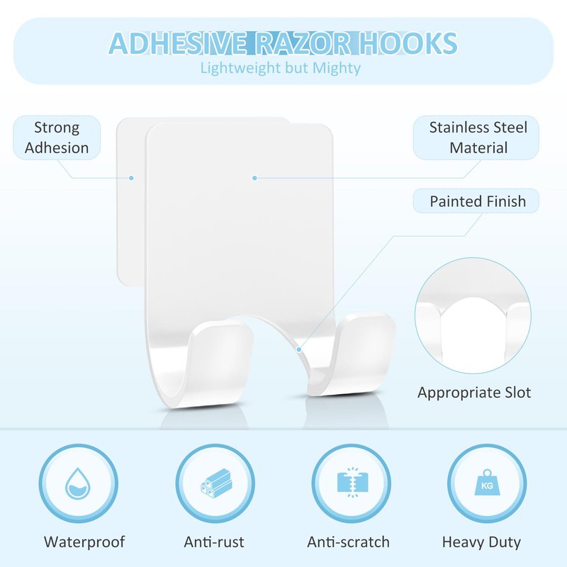 VIS'V Shower Wall Razor Holder, Metal Adhesive Razor Hooks for His and Hers, Waterproof, White, 2 Pcs