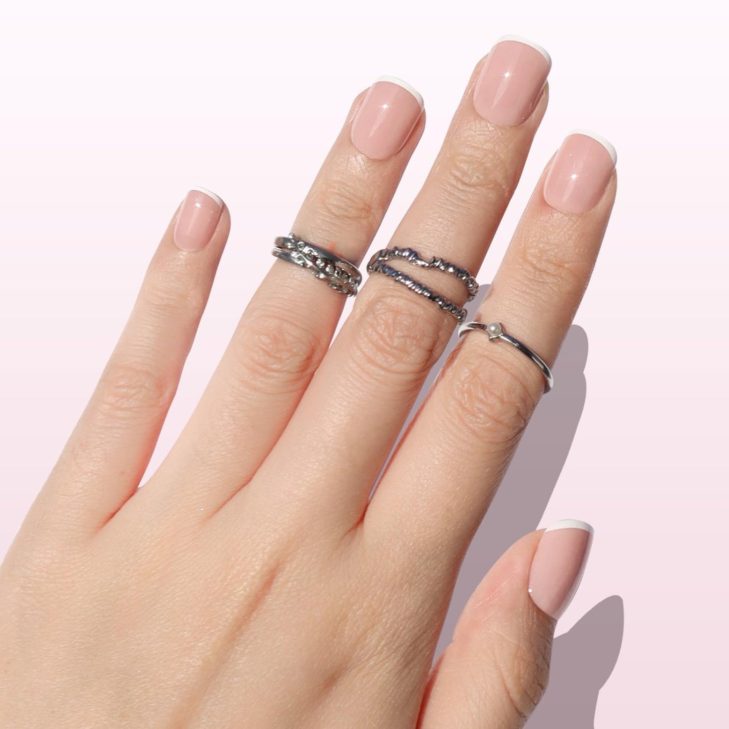 Press On Nails - She's a Natural | Short Square White French Tip on Nude Base, Glossy Finish - 30 Reusable Stick-On Nails in 15 Sizes for Women