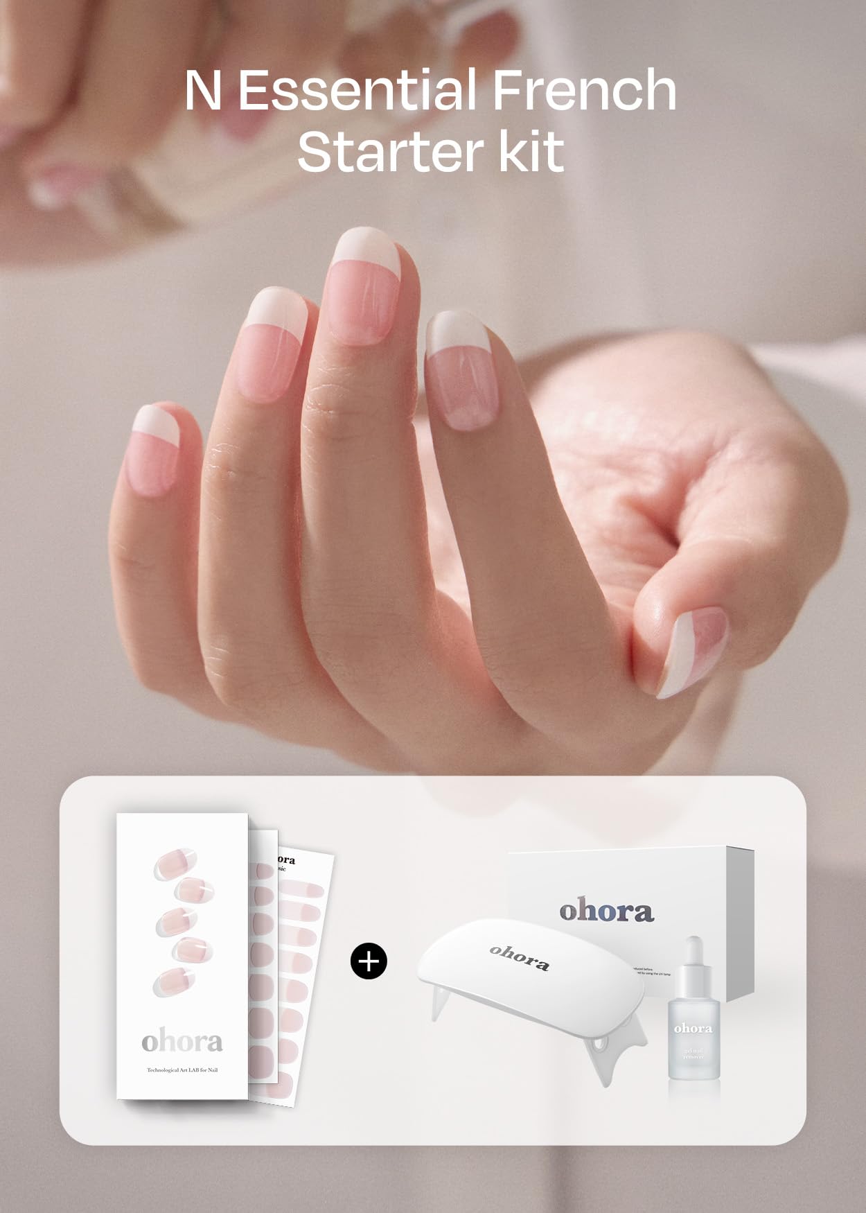 ohora Semi-Cured Gel Nail Strips Value Set (N Essential French Starter Kit) Includes Full Size Lamp and Mini Remover, Salon-Quality, Long Lasting, Easy to Apply & Remove