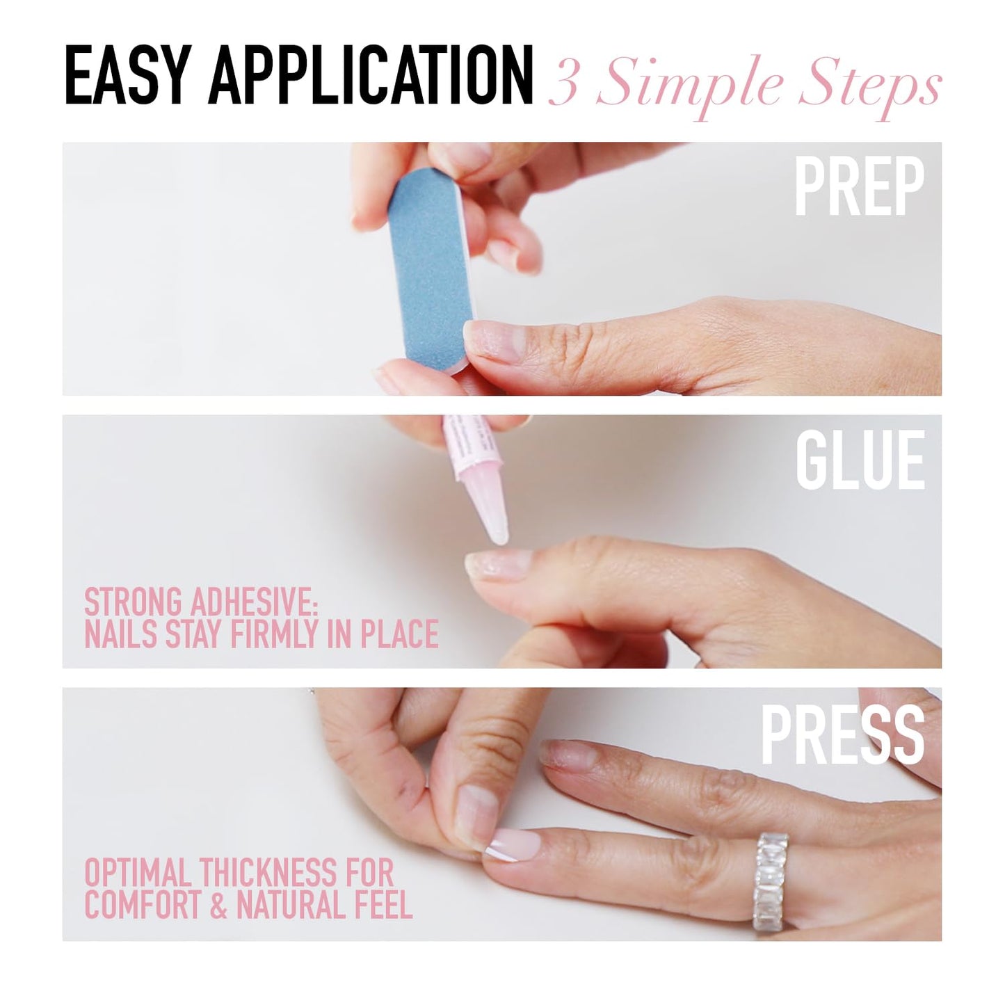Press On Nails - Caviar | Semi-Transparent Short Almond Shape, Salon Quality | 30 Nail Kit with Glue, 15 Sizes Available