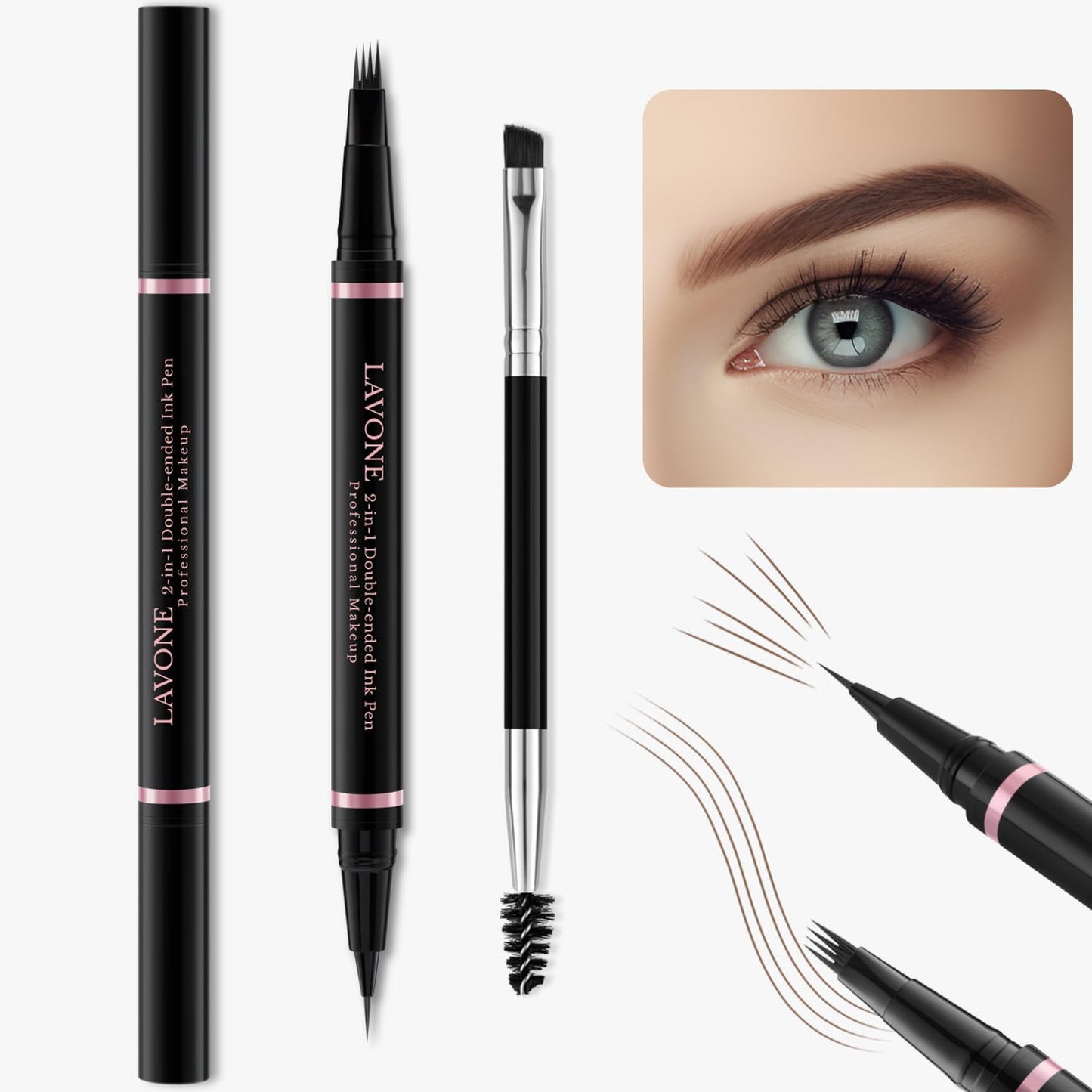 LAVONE Eyebrow Pen Makeup Kit - Waterproof Pencil, Pomade & Brush for Full, Natural Brows | Dark Brown