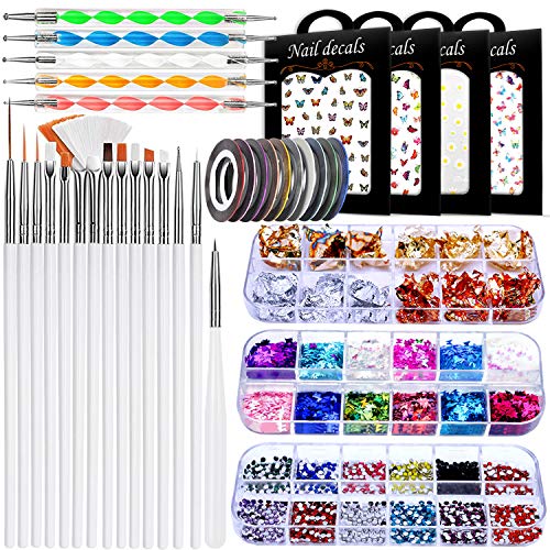 JOYJULY 37pcs White Nail Art Kit with Brushes & Dotting Tools for DIY Manicure