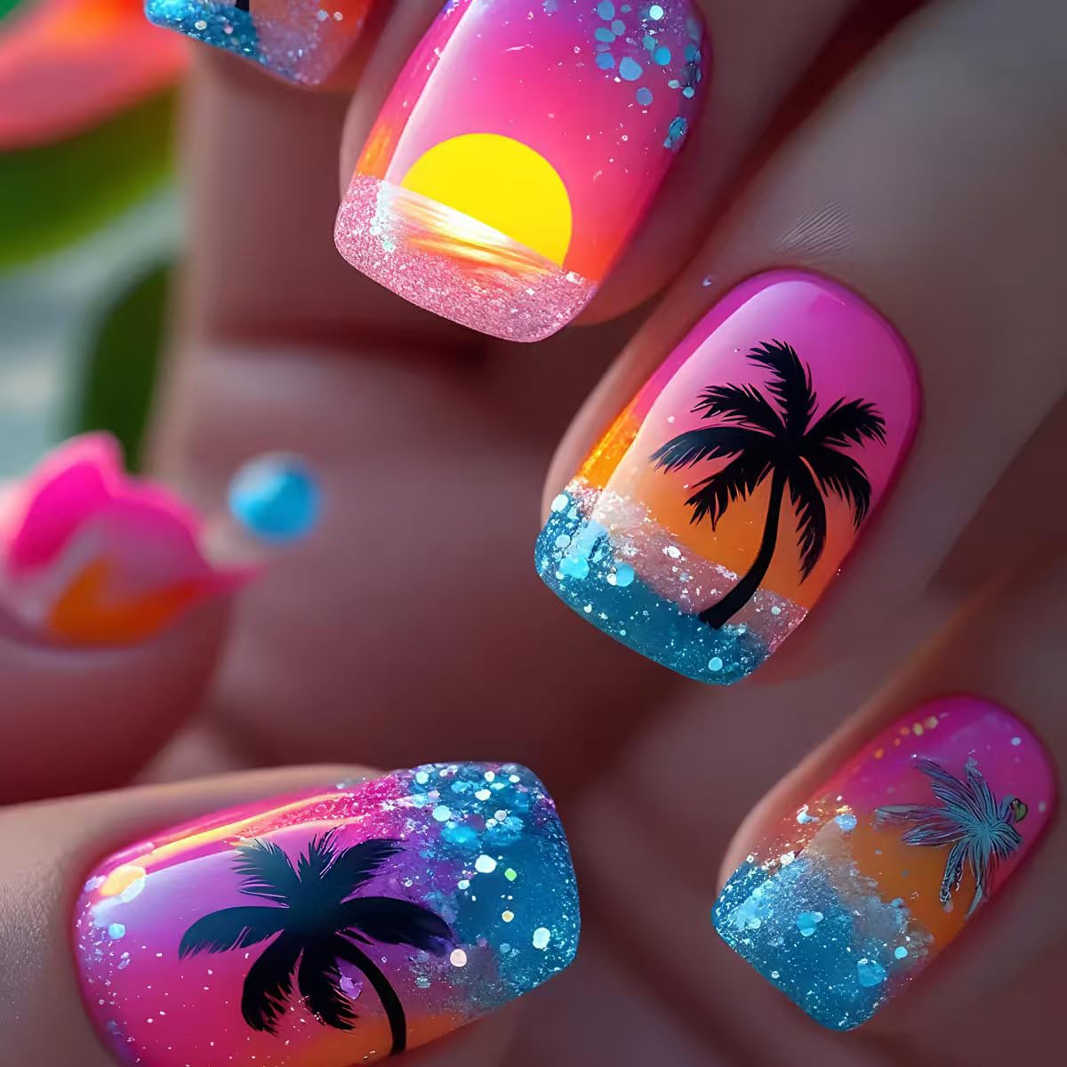 Summer Press-On Nails - Short Square Fake Nails with Sunset Coconut Trees Design | 24 Pcs Glossy Blue French Tips, Reusable Manicure