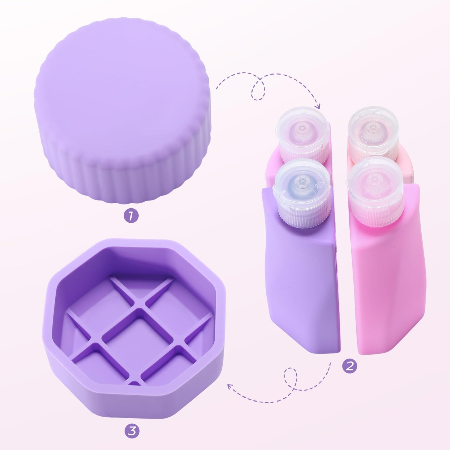 Teecyhooo 4 in 1 Silicone Travel Bottle for Toiletries, Travel Size Containers Leak Proof Refillable Liquid Squeezable Portable Dispenser Tubs for Shampoo Conditioner Lotion Body Wash(Purple)