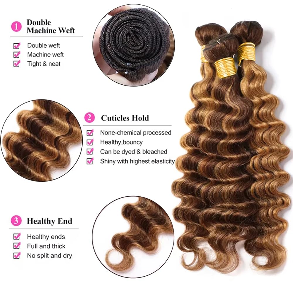 Highlight Bundles P427 Human Hair Bundles Dark Brown Bundle 16 18 20 inch Ombre Brown Deep Wave Bundle 150g