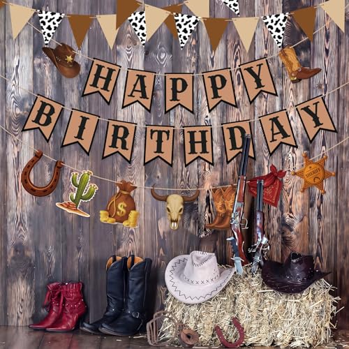 Western Birthday Decorations Set - Cowboy Happy Birthday Banner & Pennants