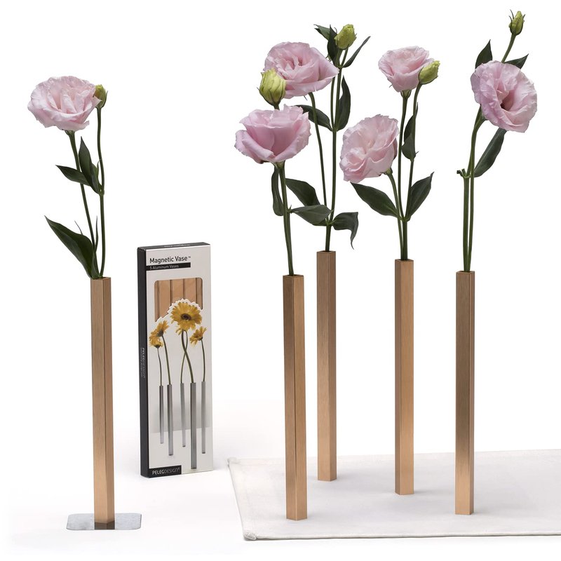 PELEG DESIGN Magnetic Bud Vase Set (Gold) - Unique Home Decor Gift & Modern Table Centerpiece - 5 Aluminum Single Stem Vases - 9.4" Tall Gravity Defying Decor