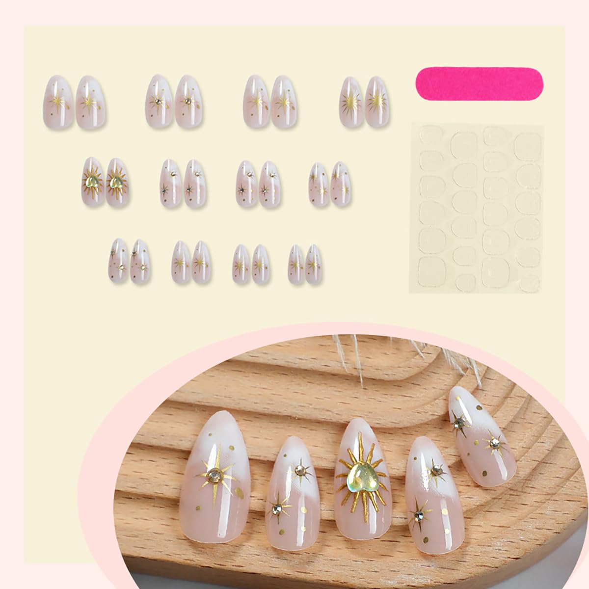 Almond Press-On Nails - 24Pcs Medium Length Gold Star Designs | Full Cover Nude Gradient Acrylic with Rhinestones