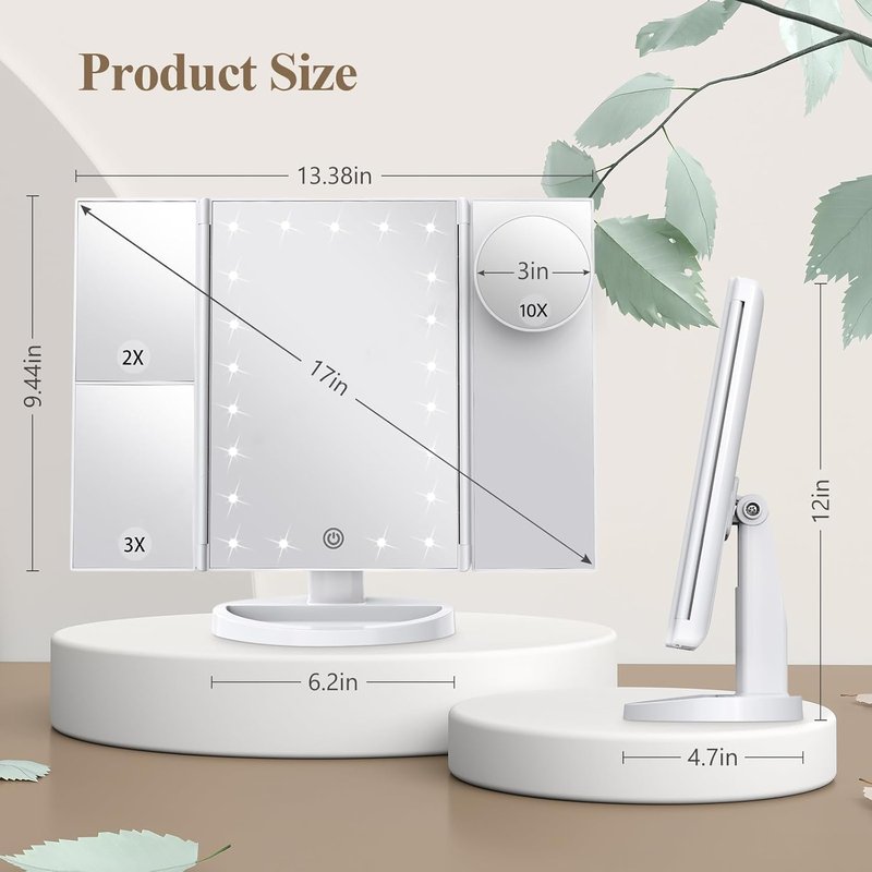 Makeup Mirror with Lights - Trifold Vanity Mirror | 2X/3X/10X Magnification, Touch Control, Dual Power Supply