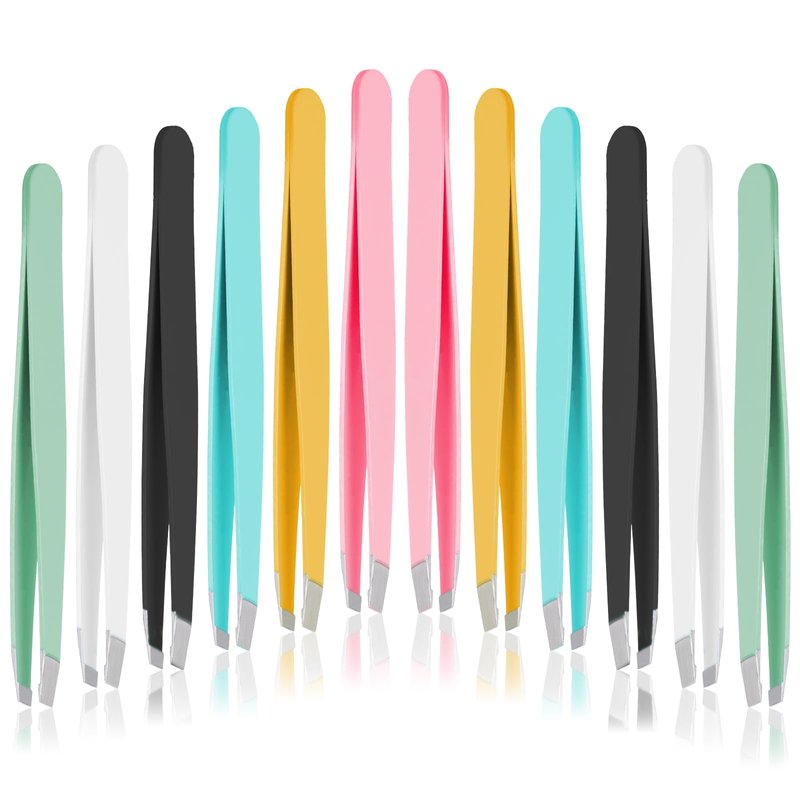 12 PCS Eyebrow Tweezers, Tweezer for Women Facial Hair Stainless Steel Double Sided Tweezer Precision Slanted Tweezers for Lash Extension Men Brow Ingrown Hair Removal(Multicolor)