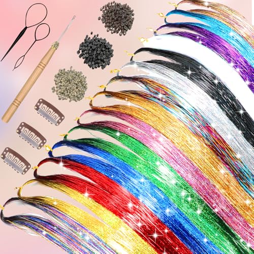 Hair Tinsel Kit - 16 Colors, 7600 Strands, 48 Inches Glitter Extensions
