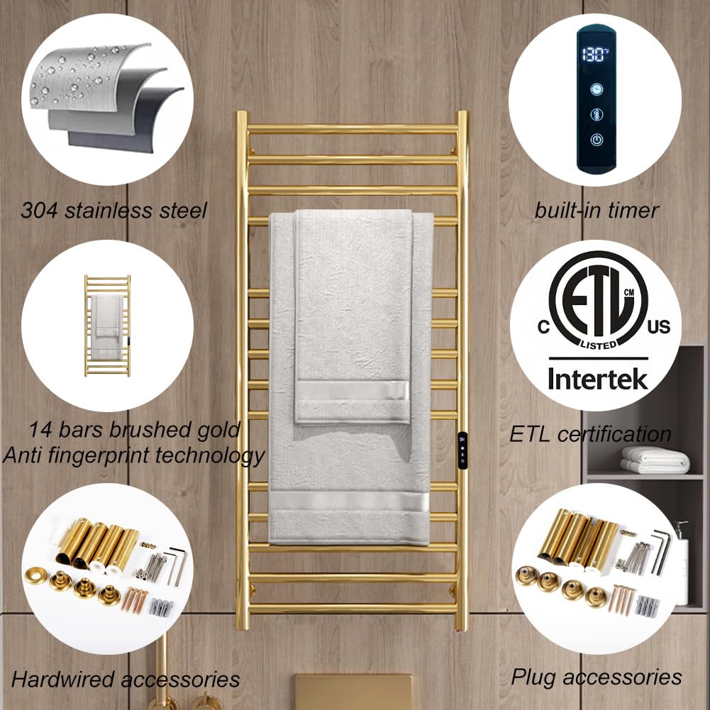Gold Wall Mounted Heated Towel Rack,Gold Towel Warmers Rack for Bathroom, Timer & Temperature Control Electric Towel Drying Rack (14 Bars Brushed Gold A, Hardwired)