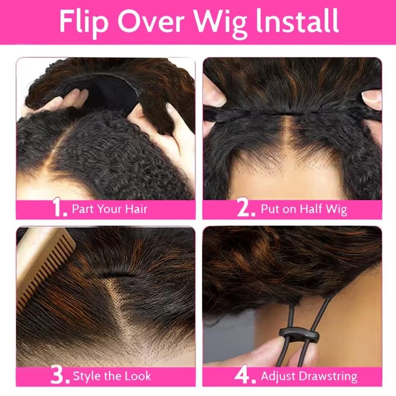 Ombre Half Wig Human Hair - Deep Wave 200% Density | 12-Inch Highlight Curly Flip Over for Black Women