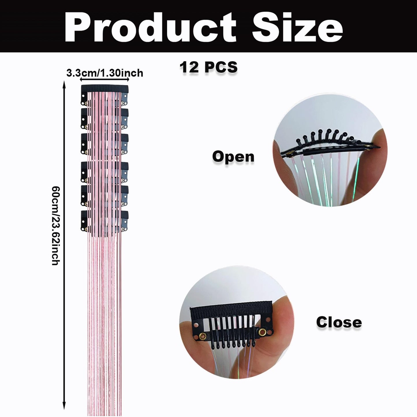 12PCS Pink Hair Tinsel Extensions, 23 Inch Pink Glitter Tinsel Hair Strands for Women, Clip-In Sparkly Hair Accessories for Parties, Festivals & Cosplay Daily Travel Birthday