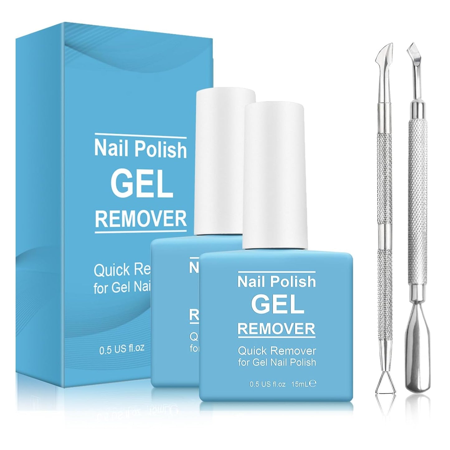 Gel Nail Polish Remover - Magic Soak-Off Formula in 2-5 Minutes | 2 Pack with Cuticle Pusher & Nail Scraper