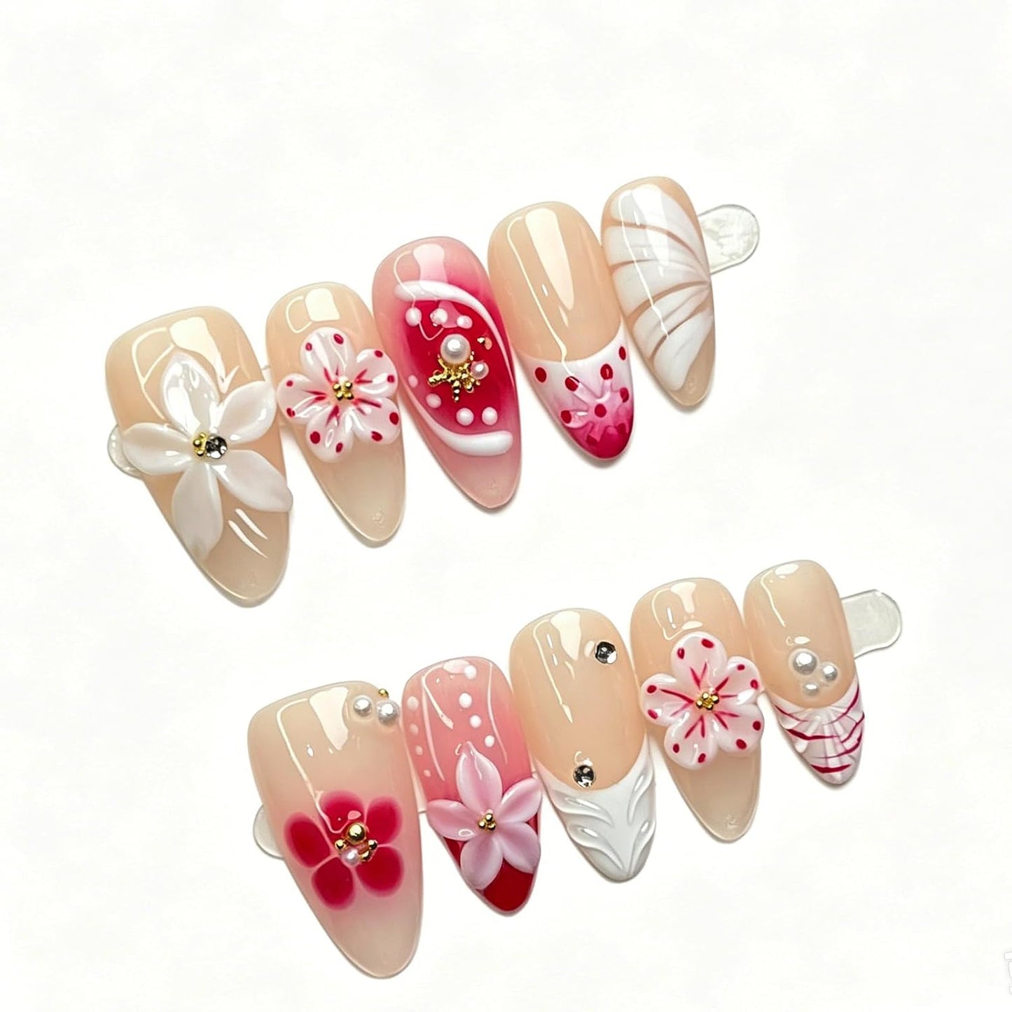 Brown French Tip Press On Nails - 3D Metallic Rhinestones | Medium Almond Reusable Acrylic False Nails (10 PCS)