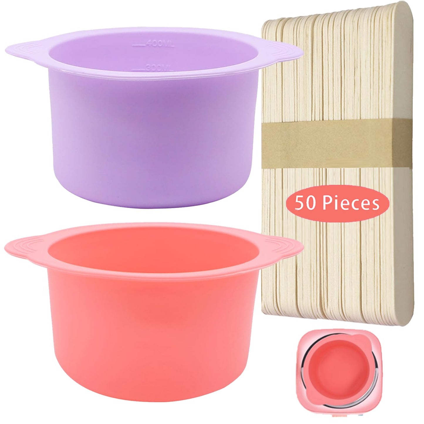 2-pack Silicone Wax Warmer Liner, Silicone Wax Bowl for Wax Warmer, Non-Stick Wax Melt Warmer Wax Pot Replacement, Reusable Wax Melt Liner with 50 Pcs Wax Spatula Sticks for Hair Removal purple+pink