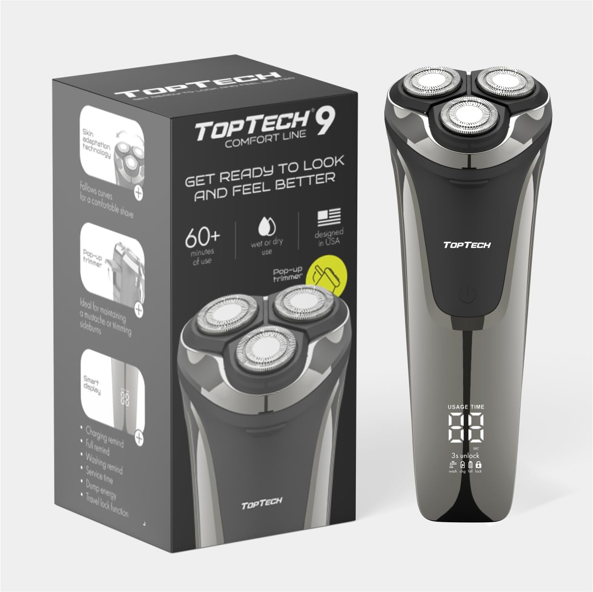 Electric Shaver for Men - Waterproof Rotary Razor with USB-C Rechargeable Battery | 60 Min Runtime & Pop-Up Trimmer
