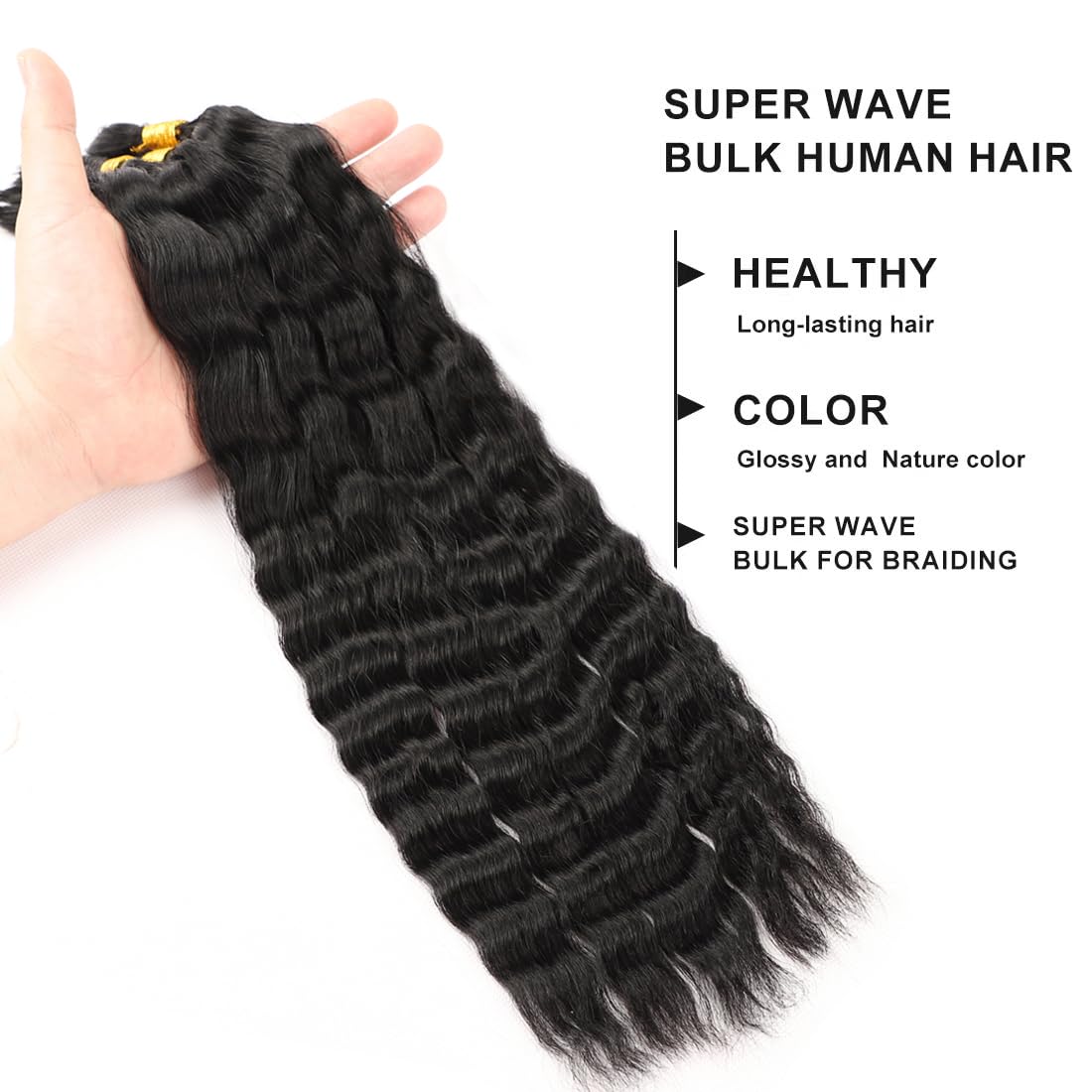 RLHAIR Wet and Wavy Human Braiding Hair Super Wave Bulk Human Hair For Braiding No Weft 100g (1Pack-4PCS) Super French Human Braiding Hair For Boho Braids (Super Wave（#1b）, 20 Inch)