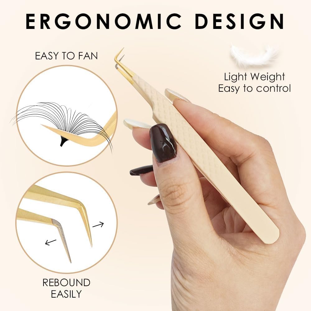 Beeutemaker Beige Fiber Tip Lash Tweezers for Eyelash Extensions – F Shape for Isolation, Professional Precision Tweezers for Lash Technicians