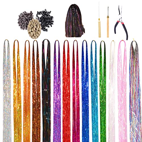 Newfacefure 16-Color Glitter Tinsel Hair Extensions Kit, 47 Inch Heat-Resistant Hair Strands & Beads, Perfect for Hair Styling & Parties