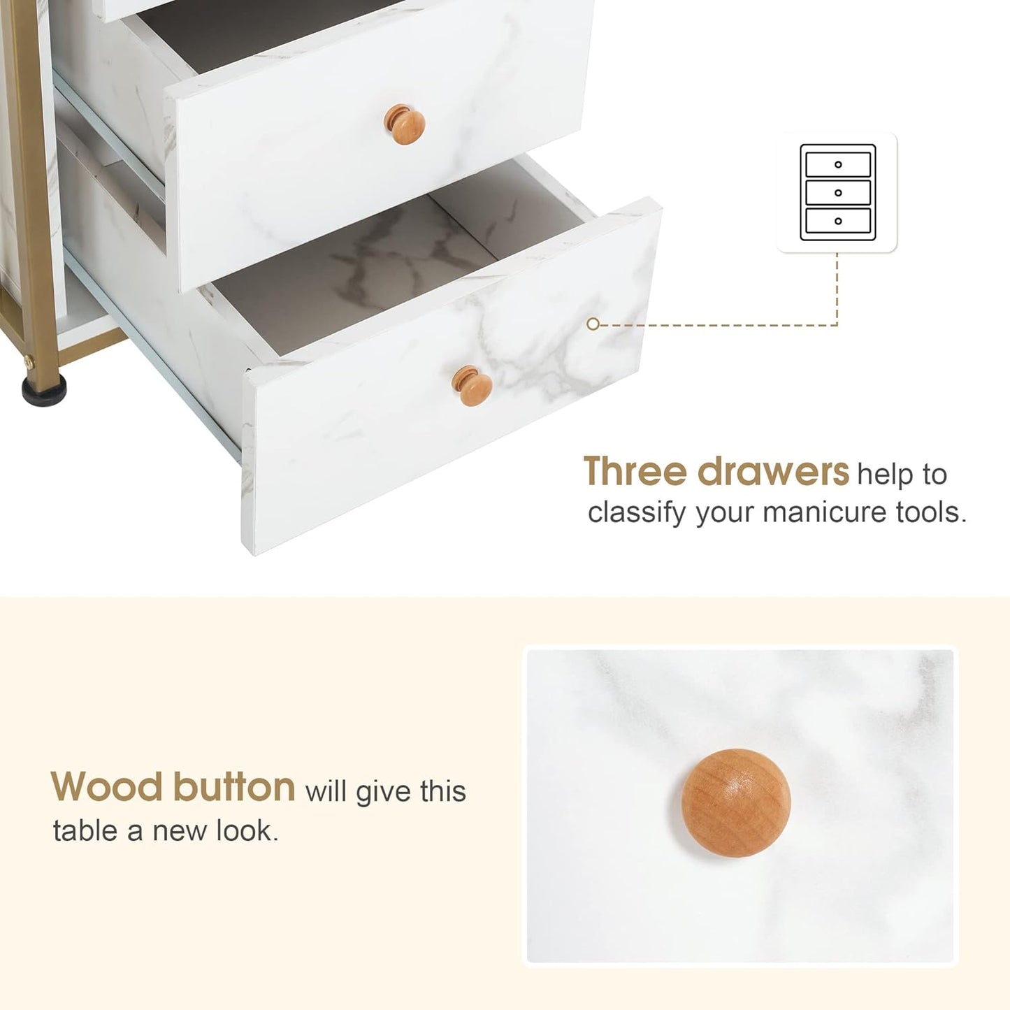 Manicure Table for Nail Tech - Golden Marbling Texture with Storage Drawers | Home Salon Spa Equipment