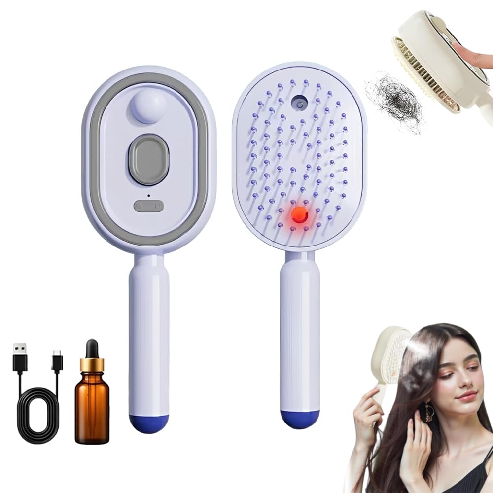 Electric Spray Air Cushion Massage Comb 2026, Red Light Steam Hair Brush with Mist Spray, Portable Hair Steamer, USB Rechargeable, Detangler, Self-Cleaning (1, Purple)