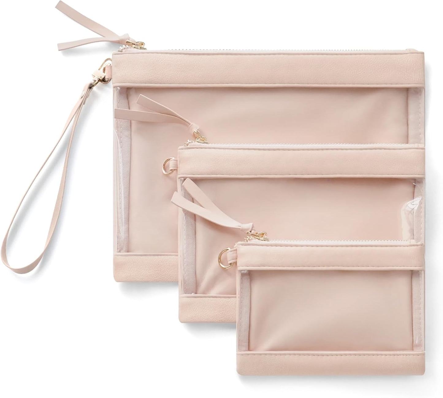 Clear Makeup Bag Organizer - Travel Pouches for Women | Zipper Toiletry Set - 3 Pack in Nude Pink