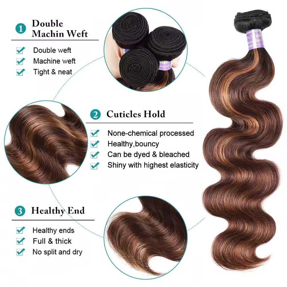 Freiuoke 32 Inch Brown Bundles Human Hair Color 30 Body Wave Bundles Highlight Body Wave 1 Bundle/50g Soft and Shiny Remy Hair Extensions