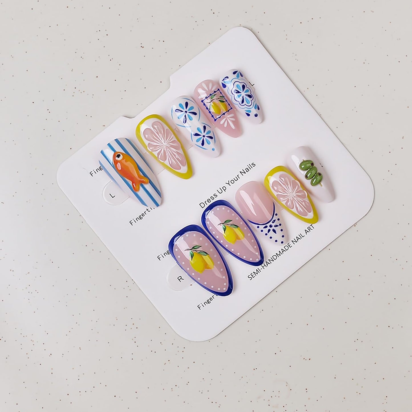 Press On Nails - 24Pcs Medium Almond 3D Cute Fish & Lemon Design | Reusable French Tip Acrylic Full Cover